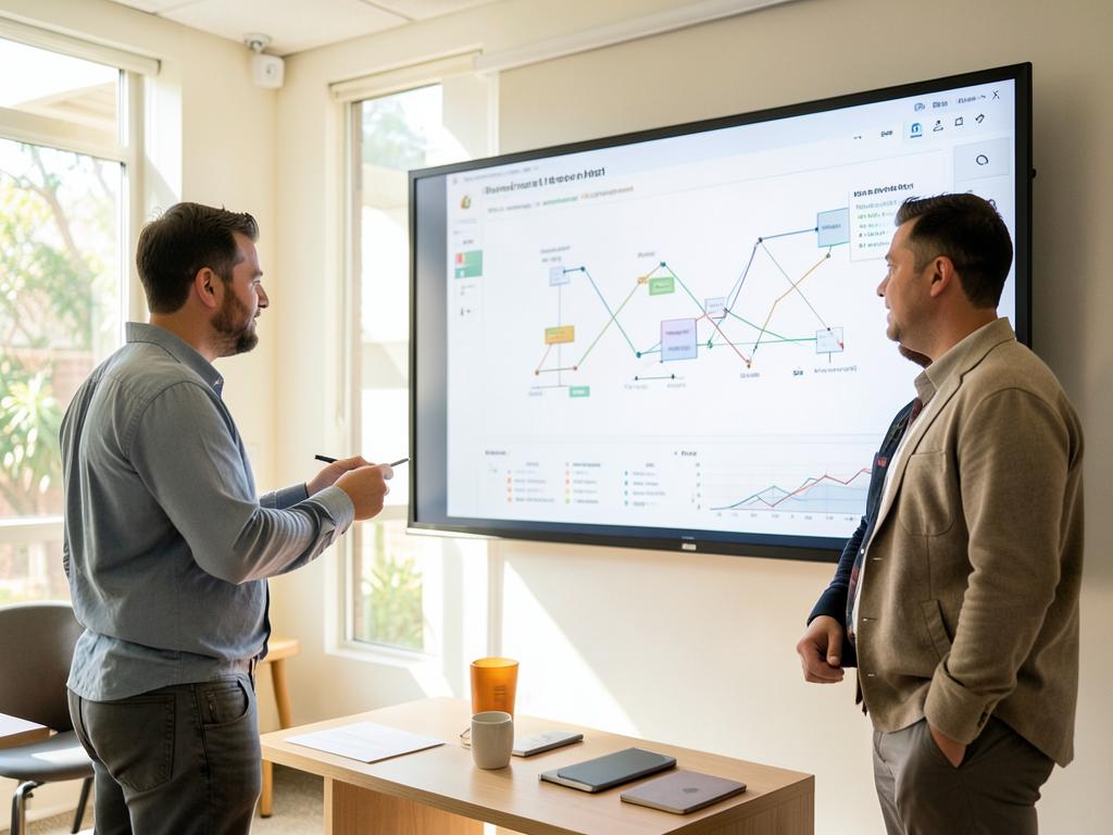 A participant presenting a model architecture diagram and evaluation charts to mentors